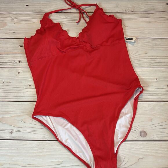 Old Navy NEW Womens One Piece Ribbed Swimsuit Red Scallop Bathing Suit XXL - Picture 1 of 8